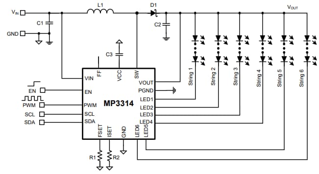 Application Circuit Diagram - Monolithic Power Systems (MPS) MP3314 6-Channel White LED Drivers